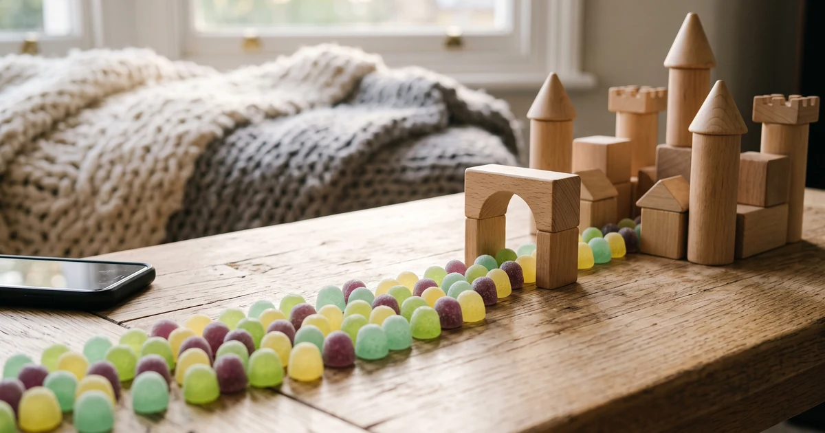 Rows of colorful jelly candies march through a wooden arch toward a small castle of toy blocks on an oak table